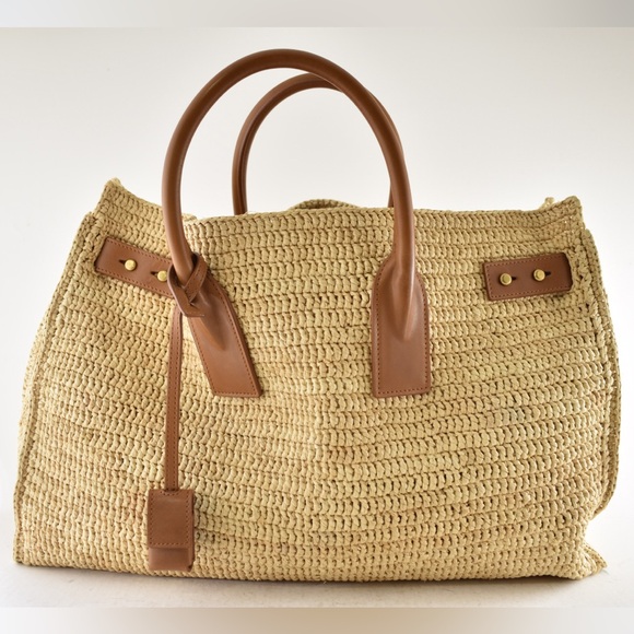 Saint Laurent Medium Sac De Jour Raffia Beige Brown Shoulder Top Handle Tote Bag - Picture 2 of 16